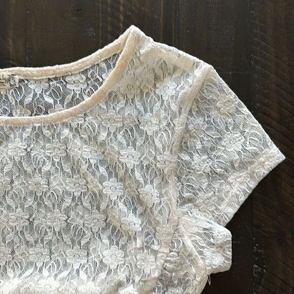 NWOT Free People Keep It Simple Lace Baby Tee Ivory Ruched Semi Sheer Fitted XS - Picture 9 of 14
